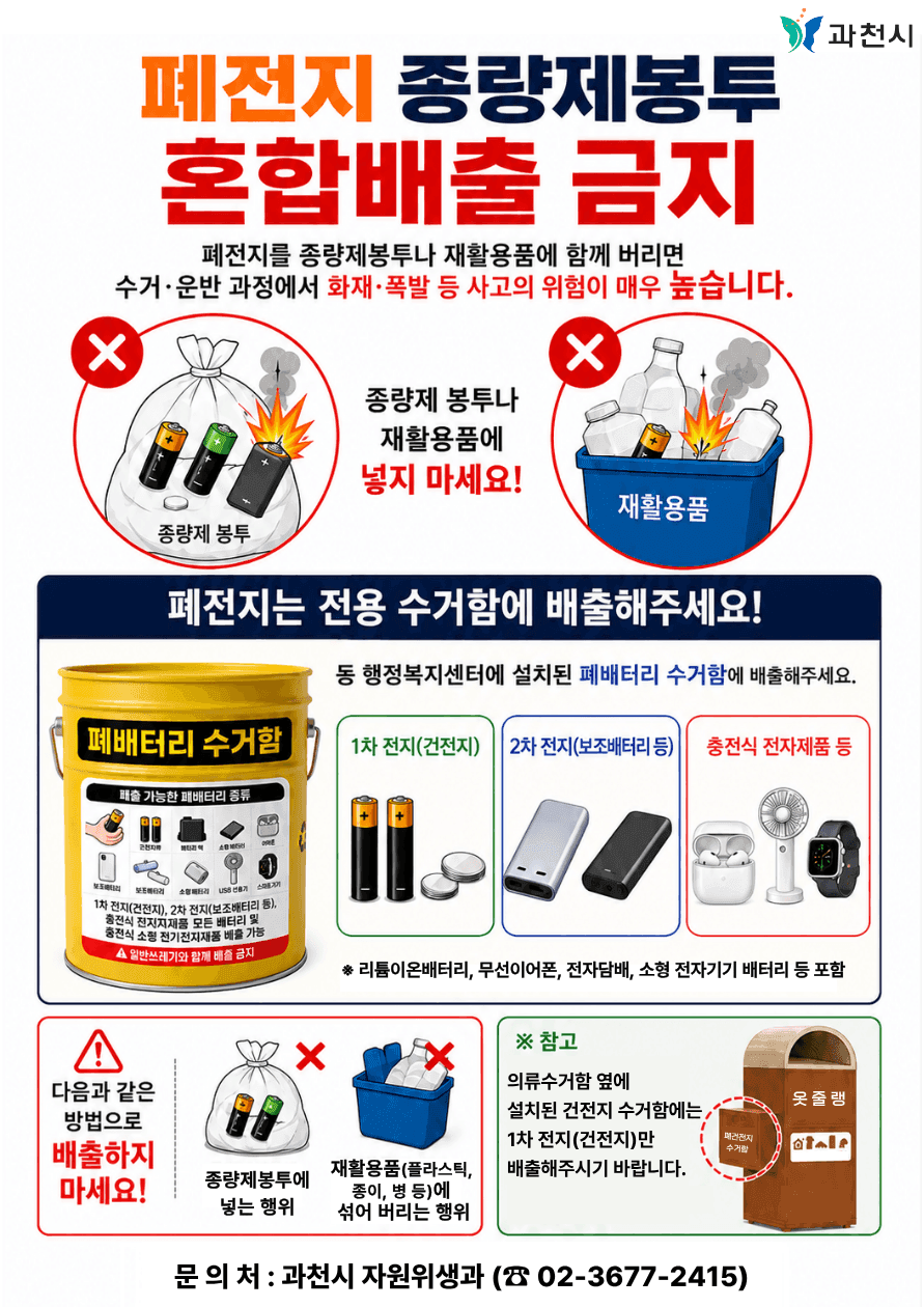 과천시, 폐전지 혼합배출 금지 안내