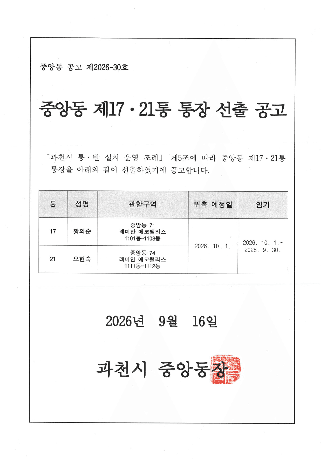 중앙동, 제17·21통 통장 선출