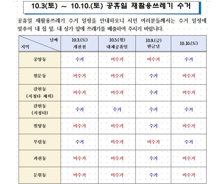 과천시, 공휴일 재활용쓰레기 수거 안내