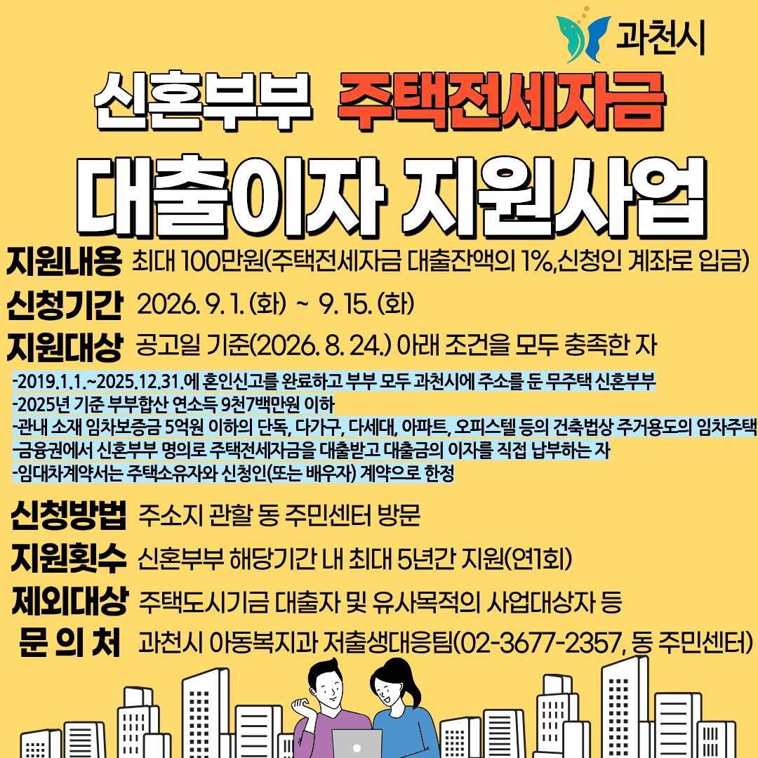 과천시, 신혼부부 주택 전세자금 대출이자 지원… 9월 1일부터 신청